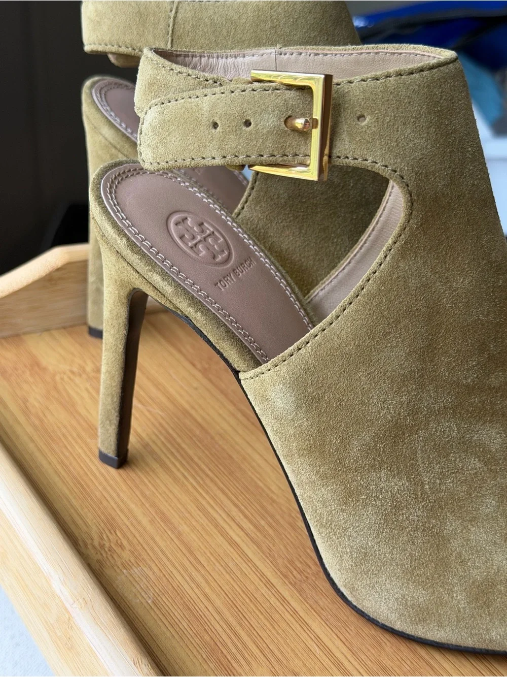 Tory Burch Olive Suede Open-Toe Ankle Booties